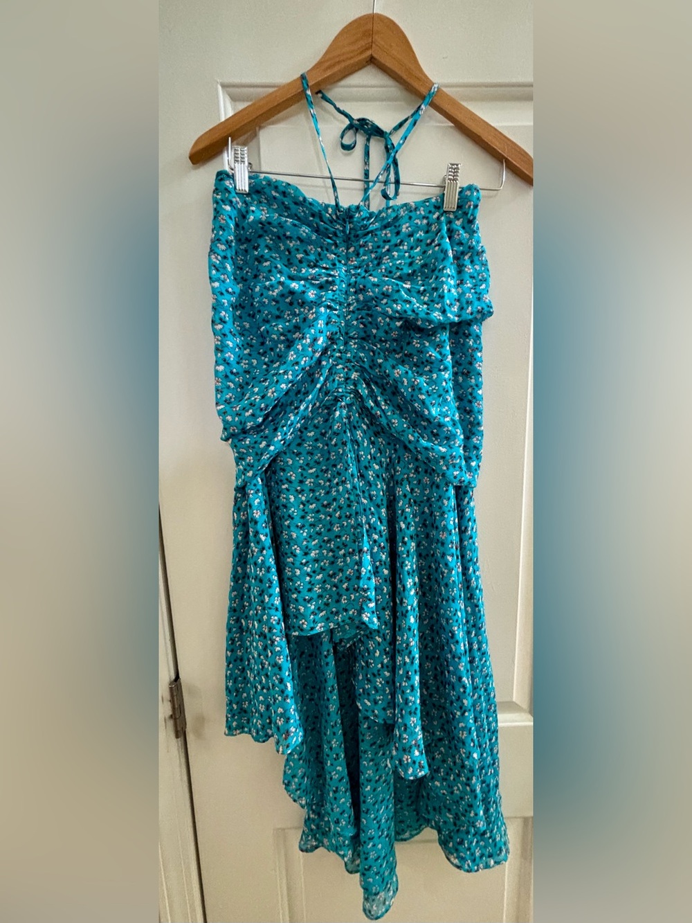 Veronica Beard Teal Floral Ruched Midi Dress